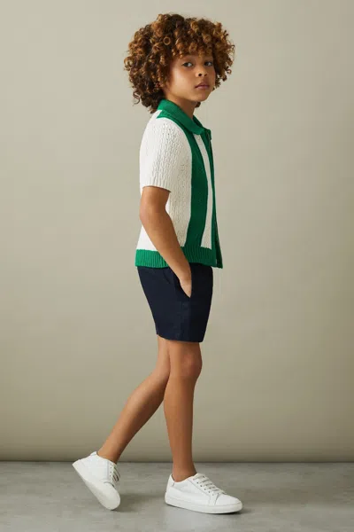 Reiss Kids' Painter - White/bright Green Knitted Cotton Zip Front Shirt, Uk 7-8 Yrs