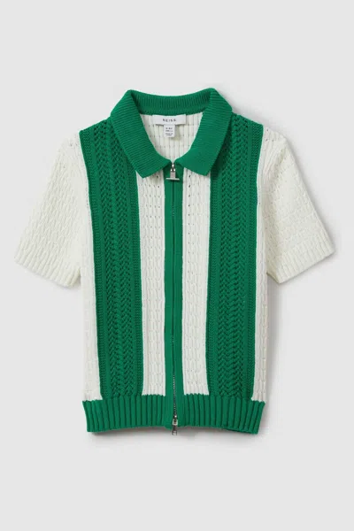 Reiss Babies' Painter - White/bright Green Knitted Cotton Zip Front Shirt, Uk 13-14 Yrs