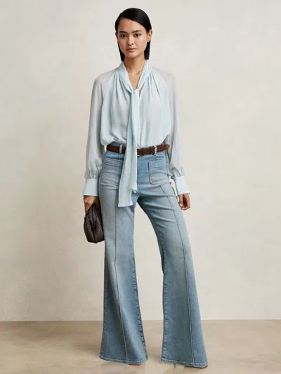 REISS PALE BLUE SILK BLEND CHIFFON TIE-NECK BLOUSE