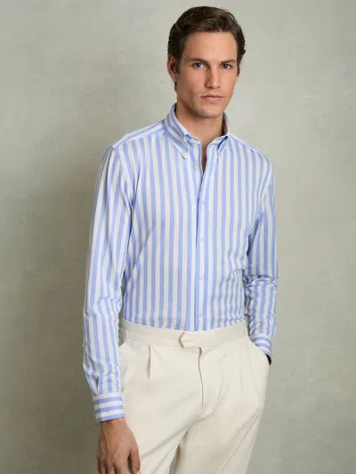 REISS PALE BLUE STRIPE STRIPED JERSEY BUTTON DOWN SHIRT WITH COTTON