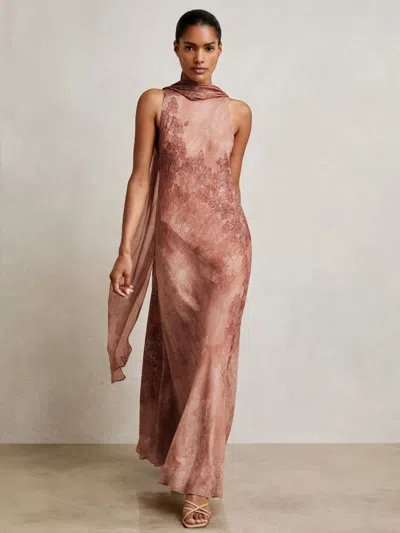 Reiss Pale Pink Chiffon Floral Cape Maxi Dress In Burgundy