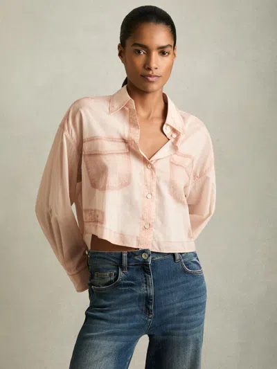 Reiss Pale Pink Cotton Denim-print Cropped Shirt