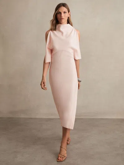 Reiss Pale Pink Draped-front High-neck Midi Dress