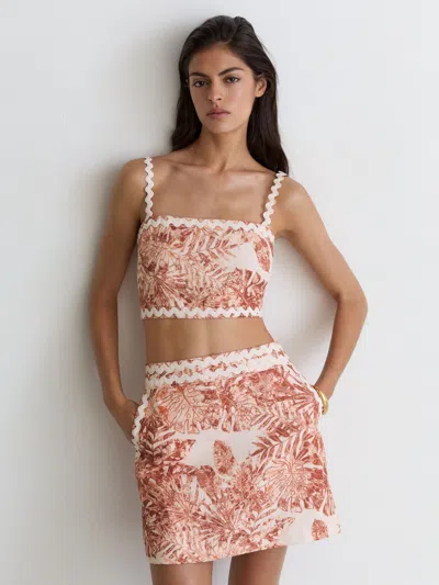 Reiss Pale Pink Linen Wave-trim Mini Skirt