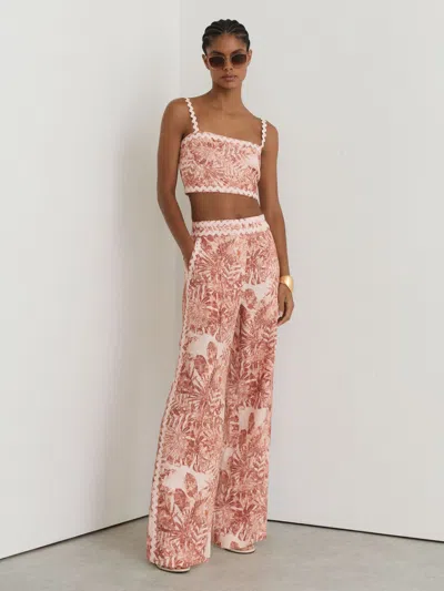 Reiss Pale Pink Petite Linen Wave-trim Wide-leg Trousers In Brown