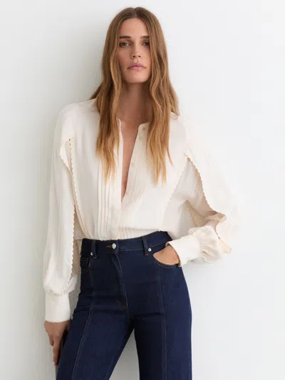 Reiss Pale Pink Pleated Embroidered Long-sleeve Blouse In White