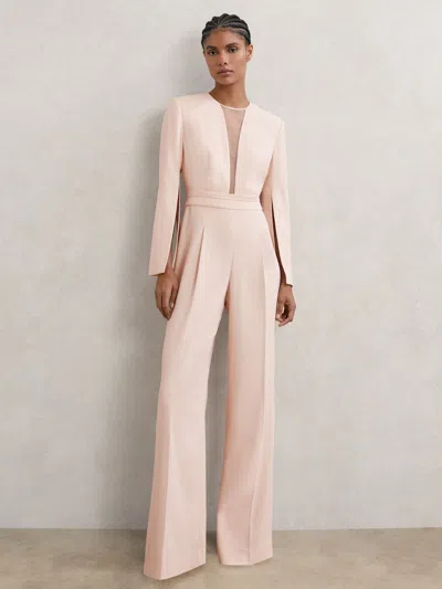 Reiss Pale Pink Plunge-neck Split-sleeve Jumpsuit In Animal Print