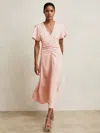 Reiss Womens Pale Pink Rowe Ruched-front Stretch-woven Midi Dress In Brown