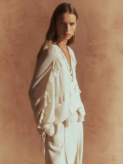 Reiss Pale Pink Ruffle Trim Tie Neck Top In Neutral