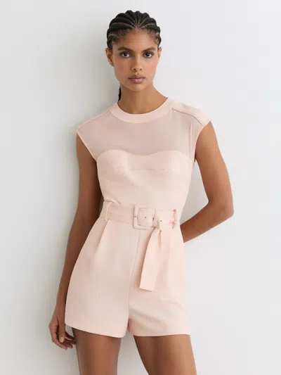 Reiss Pale Pink Sheer-panel Structured Belted Playsuit