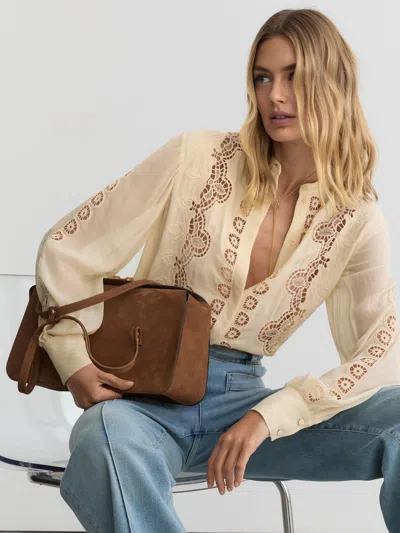 Reiss Pale Yellow Cutwork-embroidery Sheer-sleeve Blouse In Neutral