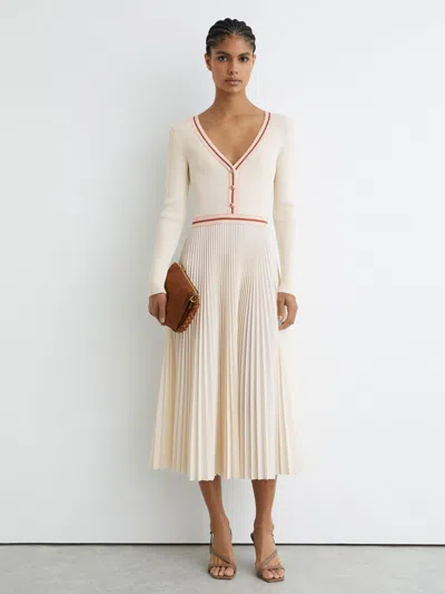 Reiss Pale Yellow Rib-knit Stripe-trim Pleated Midi Dress In Multi