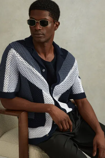Reiss Panko - Navy Multi Cotton Blend Crochet Cuban Collar Shirt, Xl