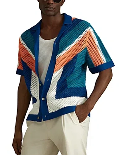 Reiss Panko Short Sleeved Crochet Color Blocked Regular Fit Button Down Shirt In Bright Multi
