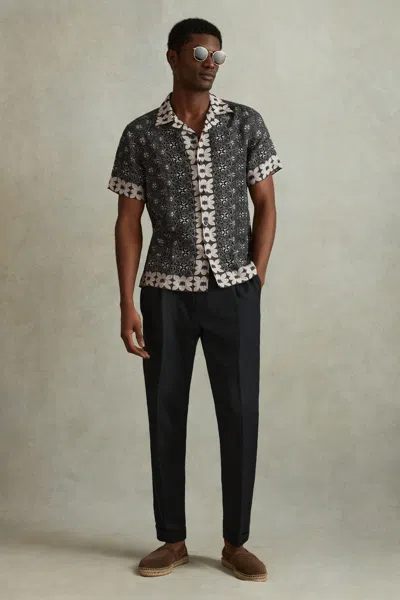 Reiss Pantain - Black Multi Linen Printed Cuban Collar Shirt, M