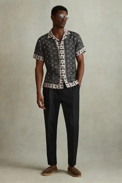 Reiss Black Multi Pantain Linen Printed Cuban Collar Shirt In Black Multi