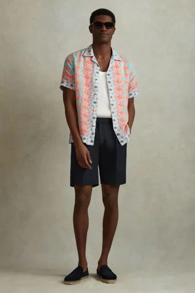 Reiss Orange Multi Linen Printed Cuban Collar Shirt