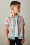 Reiss Orange Multi Senior Linen Printed Cuban Collar Shirt In Orange Multi