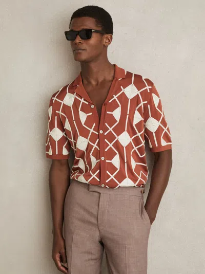 Reiss Paprika Red Geometric Embroidery Knit Shirt In Neutral