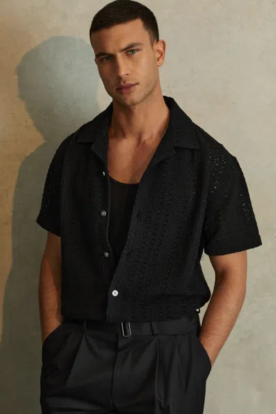 Reiss Black Cotton Crochet Cuban Collar Shirt