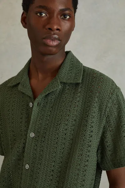 Reiss Paradise - Olive Green Cotton Crochet Cuban Collar Shirt, Xxl