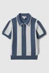 Reiss Paros - Airforce Blue/ecru Knitted Striped Half Zip Polo Shirt, Uk 13-14 Yrs