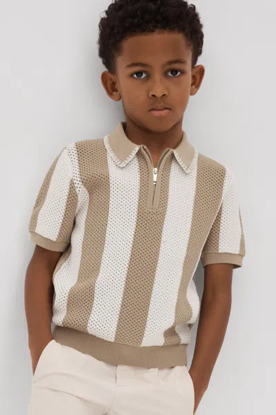 Reiss Paros - Brown Paros Knitted Striped Half Zip Polo Shirt, Uk 11-12 Yrs In Soft Taupe/optic White