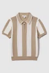 Reiss Paros - Brown Paros Knitted Striped Half Zip Polo Shirt, Uk 13-14 Yrs In Soft Taupe/optic White