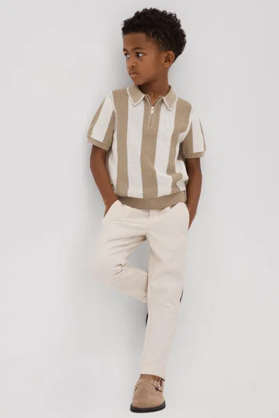 Reiss Paros - Soft Taupe/optic White Knitted Striped Half Zip Polo Shirt, Age 8-9 Years