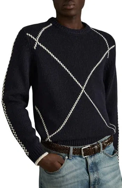 Reiss Parvey Geo Pattern Wool Blend Crewneck Sweater In Navy/white