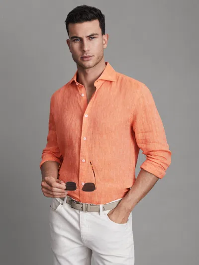 Reiss Peach Linen Button-through Shirt In Red