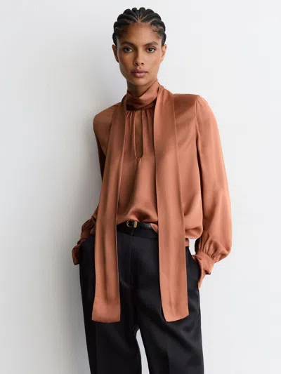 Reiss Peach Orange High-neck Tie-back Keyhole Blouse