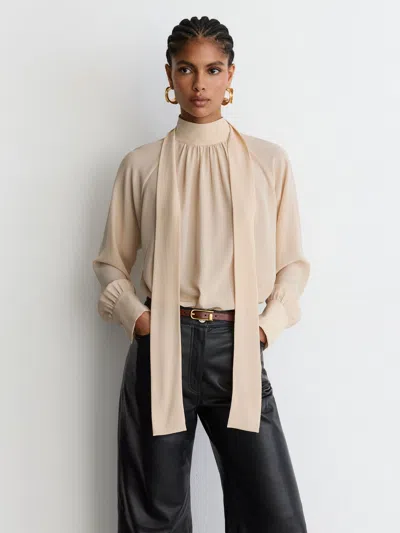 Reiss Peach Orange Lila Silk Tie-neck Long-sleeve Blouse In Neutral