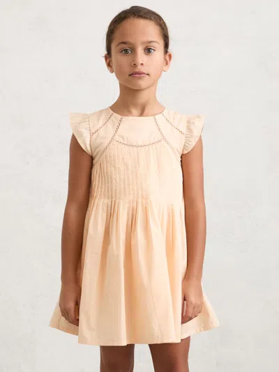 Reiss Kids'  Peach Susie 3-9 Yrs Cotton Embroidered Pintuck Dress In Pink