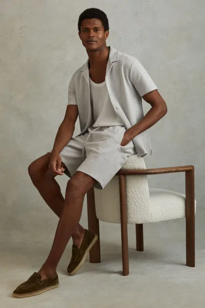 Reiss Penbrook - Light Grey Cotton Blend Jacquard Drawstring Shorts, Xl