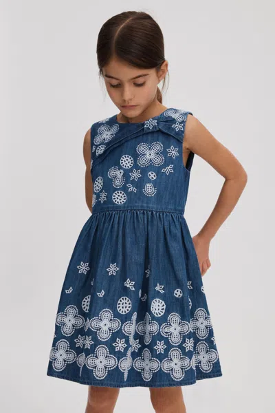 Reiss Kids' Penny - Denim Junior Denim Broderie Dress, Age 8-9 Years