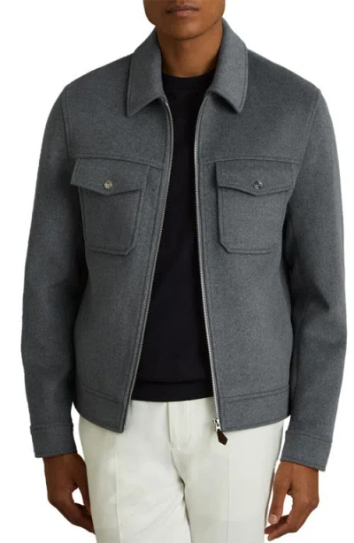 Reiss Sky Blue Melange Peridoe Zip-through Trucker Jacket With Wool In Gray