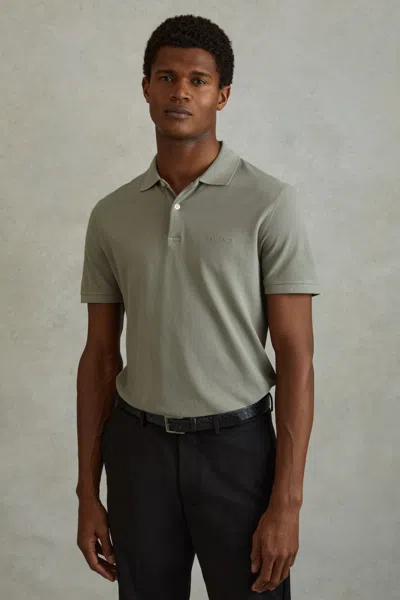 Reiss Peters - Dark Sage Slim Fit Garment Dyed Embroidered Polo Shirt, M