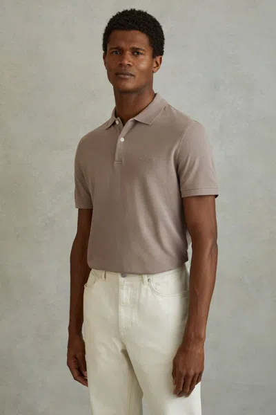 Reiss Peters - Dark Taupe Slim Fit Garment Dyed Embroidered Polo Shirt, S