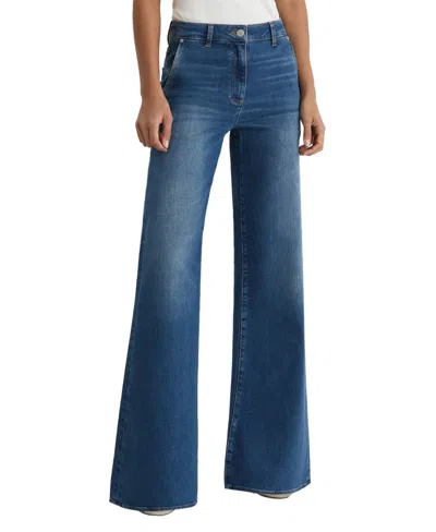 Reiss Petite Addie Cotton Blend Stretch High Rise Wide Leg Jeans In Mid Blue
