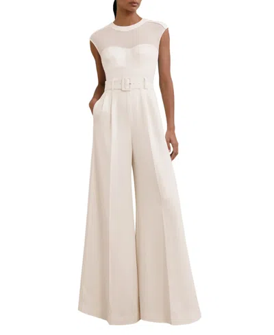 Reiss Petite Alba Sheer-panel Wide-leg Belted Jumpsuit In Ivory