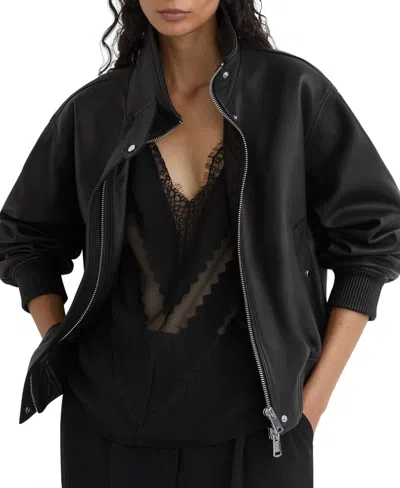 Reiss Petite Cara Leather Funnel-neck Oversized Bomber Jacket In Animal Print