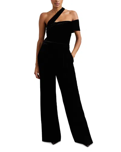Reiss Petite Daria One Shoulder Velvet Jumpsuit In Black