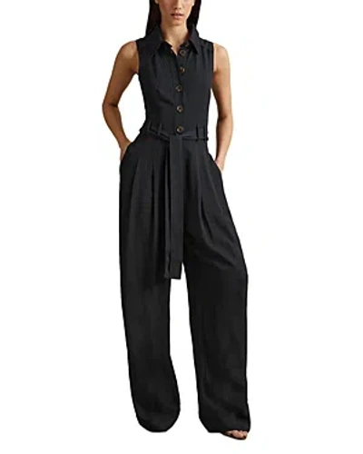 Reiss Womens Navy Perla Belted Wide-leg Woven Jumpsuit