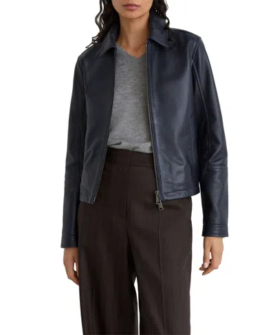 Reiss Petite Sorina Leather Zip-through Moto Jacket In Ink Blue
