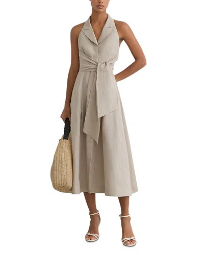 Reiss Womens Neutral Tara Petite Tie-waist Tailored Linen Midi Dress