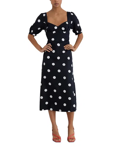 Reiss Womens Navy Ivory Astrid Puff-sleeve Polka-dot Linen Midi Dress In Black