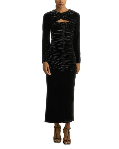 Reiss Black Sia Velvet Ruched Twist-front Midi Dress