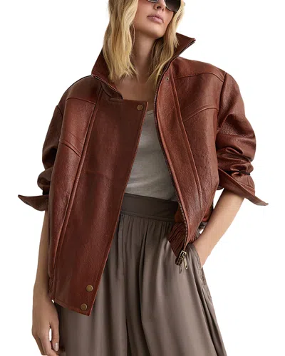 Reiss Petra Oversized Leather Jacket In Brown