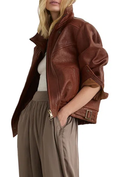 Reiss Petra Textured Leather Oversized Jacket In Brown